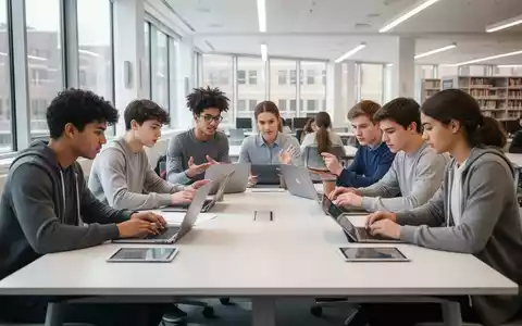Eine Gruppe von Promovierenden arbeitet kollaborativ an Laptops und Tablets in einem modernen Schreibzentrum mit viel Tageslicht. - Foto: über boerse-global.de