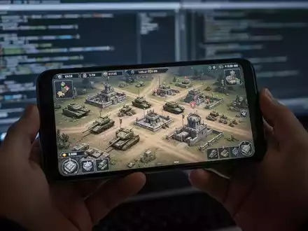 Smartphone mit Echtzeitstrategiespiel in Händen, unscharfer Code auf Monitor im Hintergrund. - Foto: über boerse-global.de