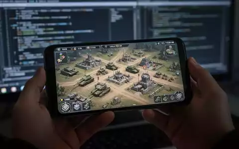 Smartphone mit Echtzeitstrategiespiel in Händen, unscharfer Code auf Monitor im Hintergrund. - Foto: über boerse-global.de