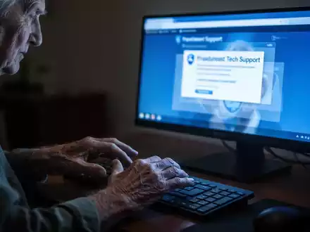 Ältere Hände vor einem Computermonitor mit bläulichem Licht, das ein gefälschtes technisches Support-Fenster anzeigt. - Foto: über boerse-global.de