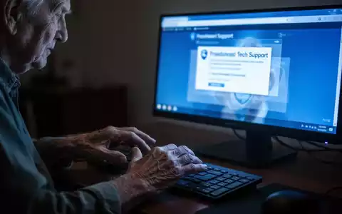 Ältere Hände vor einem Computermonitor mit bläulichem Licht, das ein gefälschtes technisches Support-Fenster anzeigt. - Foto: über boerse-global.de