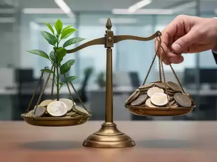 Eine Hand legt eine kleine grüne Pflanze auf eine Waage, deren andere Seite mit Euromünzen beschwert ist. - Foto: über boerse-global.de