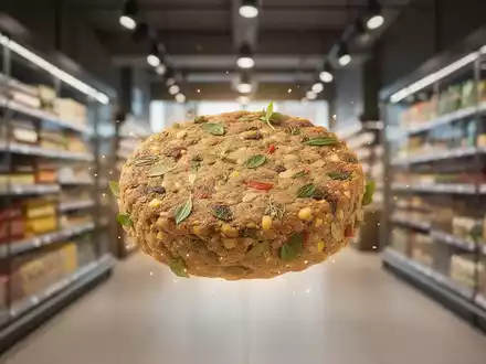 Ein stilisiertes pflanzliches Burger-Patty mit leichtem Glanz vor dem unscharfen Hintergrund eines modernen europäischen Supermarktganges. - Foto: über boerse-global.de