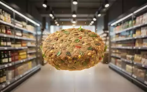 Ein stilisiertes pflanzliches Burger-Patty mit leichtem Glanz vor dem unscharfen Hintergrund eines modernen europäischen Supermarktganges. - Foto: über boerse-global.de