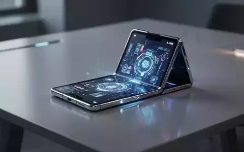Schlankes, futuristisches Falt-Smartphone, halb geöffnet, mit leuchtendem Bildschirm, auf minimalistischer Oberfläche. - Foto: über boerse-global.de