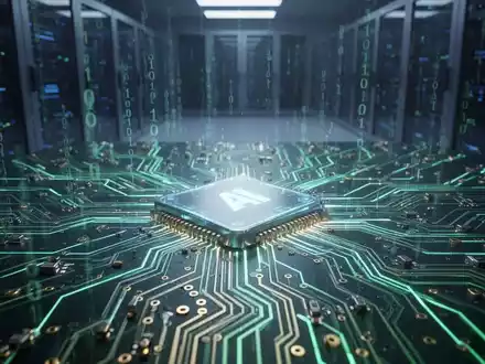 Nahaufnahme einer stilisierten, leuchtenden Platine, die KI-Leistung und Technologie darstellt, mit verschwommenem Hintergrund eines Rechenzentrums. - Foto: über boerse-global.de