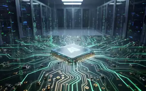 Nahaufnahme einer stilisierten, leuchtenden Platine, die KI-Leistung und Technologie darstellt, mit verschwommenem Hintergrund eines Rechenzentrums. - Foto: über boerse-global.de