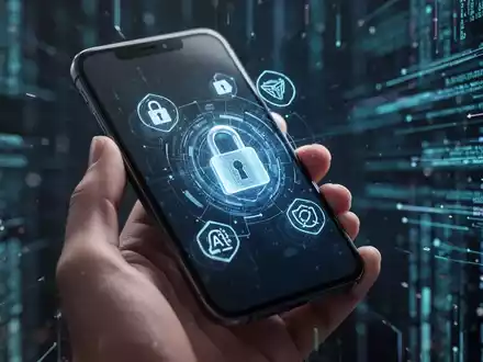 Nahaufnahme einer Hand, die ein Smartphone mit Sicherheitssymbolen und einem digitalen Schloss auf dem Bildschirm hält, symbolisiert digitale Sicherheit. - Foto: über boerse-global.de