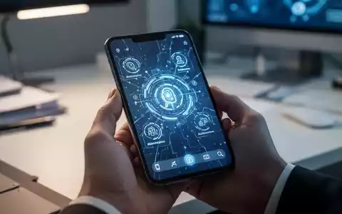 Eine Hand hält ein Smartphone mit KI-Funktionen, abstrakte Daten auf dem Bildschirm, vor verschwommenem modernem Schreibtisch. - Foto: über boerse-global.de