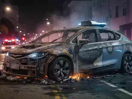 Ein ausgebranntes autonomes Fahrzeug, möglicherweise ein Waymo-Robotaxi, glimmt nach einem Feuer nachts auf einer Straße in San Francisco. - Foto: über boerse-global.de