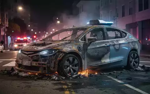 Ein ausgebranntes autonomes Fahrzeug, möglicherweise ein Waymo-Robotaxi, glimmt nach einem Feuer nachts auf einer Straße in San Francisco. - Foto: über boerse-global.de