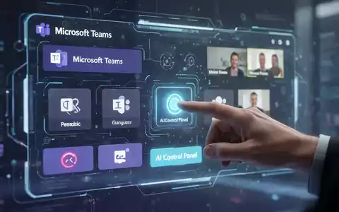 Holografische Benutzeroberfläche mit Microsoft Teams-Steuerung und KI-Bedienfeld-Schalter. Eine Hand ist im Begriff, den Schalter umzulegen. - Foto: über boerse-global.de