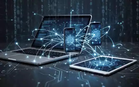 Ein leuchtend blaues Netzwerk aus Linien verbindet Laptop, Smartphone und Tablet und symbolisiert Datensynchronisation und erweiterte Konnektivität. - Foto: über boerse-global.de