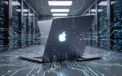 Modernes Laptop mit leuchtendem Apple-Logo, umgeben von abstrakten digitalen Linien und Schaltkreisen, symbolisiert technologischen Wandel. - Foto: über boerse-global.de