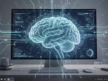 Stilisierte digitale Oberfläche mit leuchtenden Linien und abstrakten KI-Gehirnmustern, die ein KI-gesteuertes Betriebssystem darstellt. - Foto: über boerse-global.de