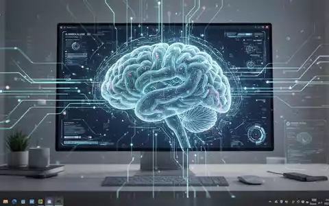 Stilisierte digitale Oberfläche mit leuchtenden Linien und abstrakten KI-Gehirnmustern, die ein KI-gesteuertes Betriebssystem darstellt. - Foto: über boerse-global.de