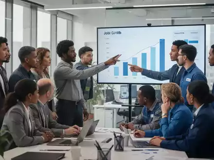 Eine vielfältige Gruppe von Menschen arbeitet in einem modernen Büro zusammen, einige zeigen auf einen Bildschirm mit Jobwachstumsdaten. - Foto: über boerse-global.de