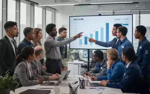 Eine vielfältige Gruppe von Menschen arbeitet in einem modernen Büro zusammen, einige zeigen auf einen Bildschirm mit Jobwachstumsdaten. - Foto: über boerse-global.de