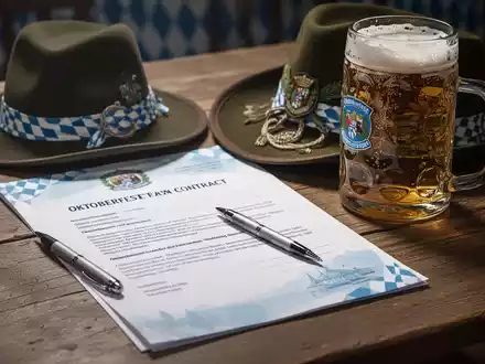 Ein Vertrag für ein Oktoberfestzelt, ein Stift, ein bayerischer Hut und ein Bierkrug auf einem Holztisch. - Foto: über boerse-global.de