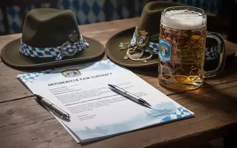 Ein Vertrag für ein Oktoberfestzelt, ein Stift, ein bayerischer Hut und ein Bierkrug auf einem Holztisch. - Foto: über boerse-global.de