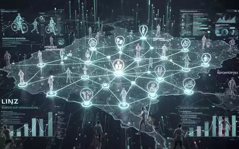 Eine digitale Karte von Linz mit leuchtenden Verbindungen, die Gesundheits- und Sportinitiativen darstellen, überlagert mit Datenströmen. - Foto: über boerse-global.de