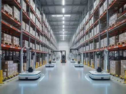 Ein modernes Logistikzentrum mit hohen Regalsystemen, die mit Paletten beladen sind, und automatisierten Förderfahrzeugen. - Foto: über boerse-global.de