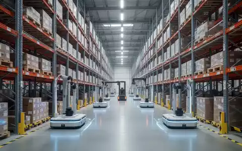Ein modernes Logistikzentrum mit hohen Regalsystemen, die mit Paletten beladen sind, und automatisierten Förderfahrzeugen. - Foto: über boerse-global.de