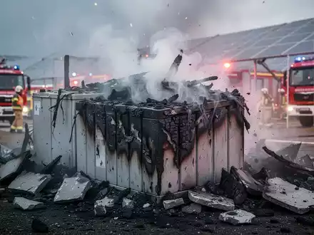 Beschädigter, rauchender Batteriespeicher einer Photovoltaikanlage nach einer Explosion, mit Einsatzkräften im Hintergrund. - Foto: über boerse-global.de