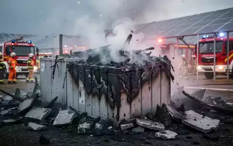 Beschädigter, rauchender Batteriespeicher einer Photovoltaikanlage nach einer Explosion, mit Einsatzkräften im Hintergrund. - Foto: über boerse-global.de