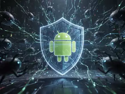Abstrakte Darstellung von Cybersicherheit mit einem Android-Logo, umgeben von schützenden digitalen Netzwerken und abwehrenden Schatten. - Foto: über boerse-global.de