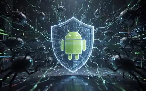 Abstrakte Darstellung von Cybersicherheit mit einem Android-Logo, umgeben von schützenden digitalen Netzwerken und abwehrenden Schatten. - Foto: über boerse-global.de