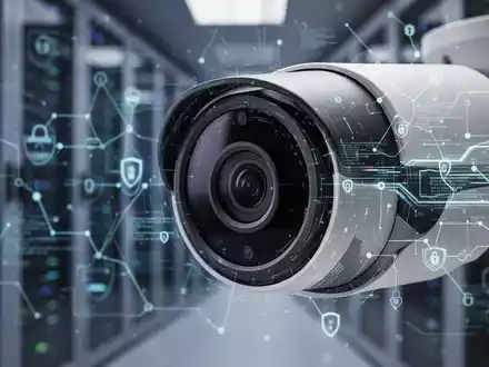 Eine Nahaufnahme einer modernen Netzwerkkamera mit digitalem Overlay, das Datensicherheit und EUCC-Zertifizierung symbolisiert. - Foto: über boerse-global.de
