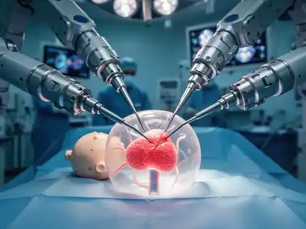 Roboterarme führen präzise Operationen an einem Prostata-Modell durch, beleuchtet in einem Operationssaal. - Foto: über boerse-global.de