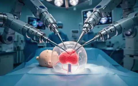 Roboterarme führen präzise Operationen an einem Prostata-Modell durch, beleuchtet in einem Operationssaal. - Foto: über boerse-global.de