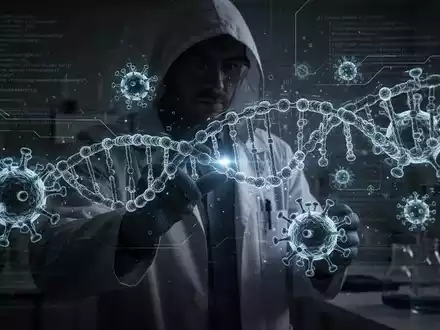 Schattenhafte Figur im Laborkittel arbeitet mit holografischer DNA- und Virenstruktur, überlagert mit KI-Code. - Foto: über boerse-global.de