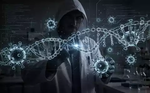 Schattenhafte Figur im Laborkittel arbeitet mit holografischer DNA- und Virenstruktur, überlagert mit KI-Code. - Foto: über boerse-global.de