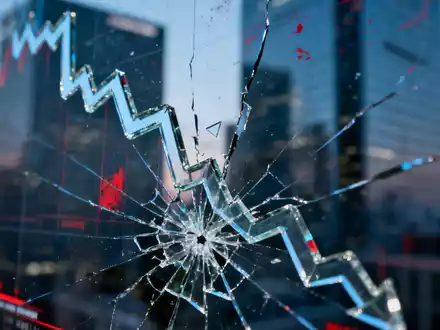 Ein gebrochener, nach unten zeigender Graph oder ein zersplittertes Börsenticker-Display vor einem unscharfen Finanzviertel bei Dämmerung. - Foto: über boerse-global.de