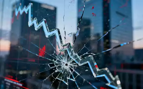 Ein gebrochener, nach unten zeigender Graph oder ein zersplittertes Börsenticker-Display vor einem unscharfen Finanzviertel bei Dämmerung. - Foto: über boerse-global.de