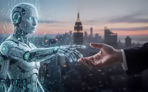 Leuchtende digitale Hand, die Menschenhand berührt, verschwommene Stadtsilhouette im Hintergrund, Symbol für KI-Interaktion und Regulierung. - Foto: über boerse-global.de