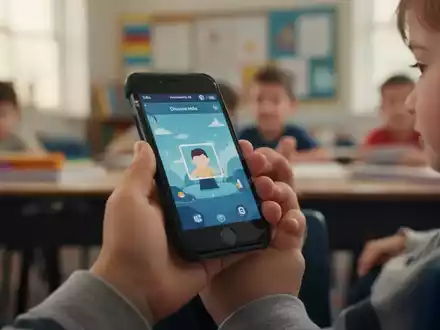 Kinderhand hält ein Smartphone, im Hintergrund verschwommen ein Klassenzimmer oder Zuhause. Symbolisiert kindliche Mediennutzung. - Foto: über boerse-global.de