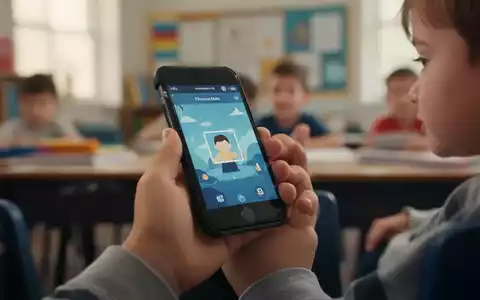 Kinderhand hält ein Smartphone, im Hintergrund verschwommen ein Klassenzimmer oder Zuhause. Symbolisiert kindliche Mediennutzung. - Foto: über boerse-global.de