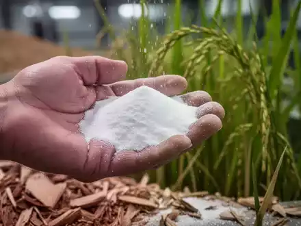 Eine Hand hält eine kleine Menge weißes Pulver, im Hintergrund verschwimmen Reisschalen und grüne Pflanzen, die den biobasierten Ursprung andeuten. - Foto: über boerse-global.de