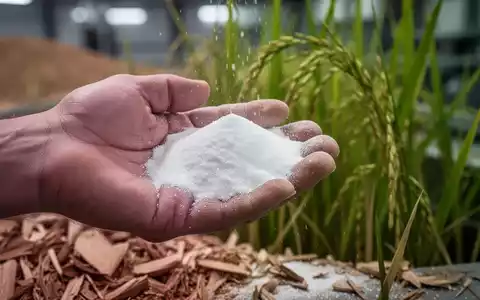 Eine Hand hält eine kleine Menge weißes Pulver, im Hintergrund verschwimmen Reisschalen und grüne Pflanzen, die den biobasierten Ursprung andeuten. - Foto: über boerse-global.de