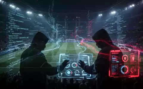 Stilisiertes Fußballstadion mit leuchtenden Datenströmen, Hacker-Silhouette und holografischer Schnittstelle, symbolisiert Cyber-Bedrohungen für Großveranstaltungen. - Foto: über boerse-global.de