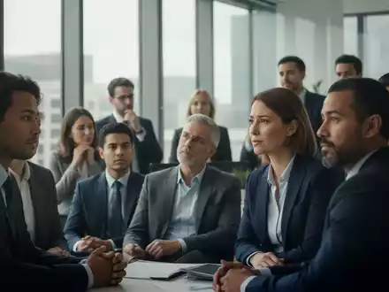 Eine Gruppe von Fachleuten in einem modernen Büro, die nachdenklich diskutieren und subtile Emotionen zeigen. - Foto: über boerse-global.de