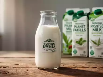 Eine Glasflasche Rohmilch auf einem Holztisch, im unscharfen Hintergrund moderne Pflanzenmilchkartons. Symbolisiert Konsumverschiebung. - Foto: über boerse-global.de