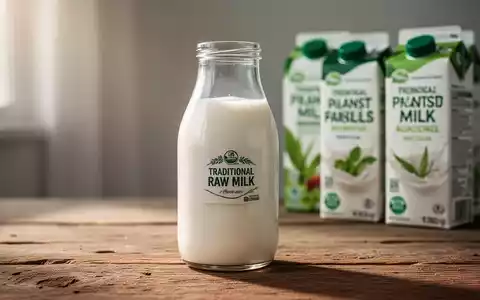 Eine Glasflasche Rohmilch auf einem Holztisch, im unscharfen Hintergrund moderne Pflanzenmilchkartons. Symbolisiert Konsumverschiebung. - Foto: über boerse-global.de