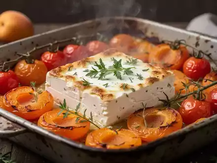Ofenfeta mit Aprikosen, Kirschtomaten und frischen Kräutern in einer rustikalen Auflaufform, mit subtil aufsteigendem Dampf. - Foto: über boerse-global.de