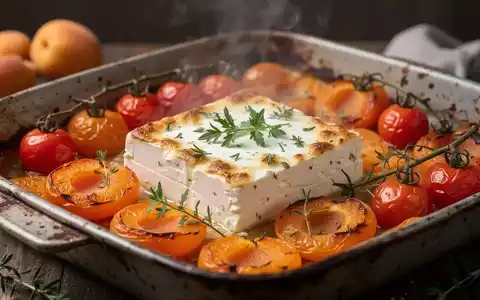Ofenfeta mit Aprikosen, Kirschtomaten und frischen Kräutern in einer rustikalen Auflaufform, mit subtil aufsteigendem Dampf. - Foto: über boerse-global.de