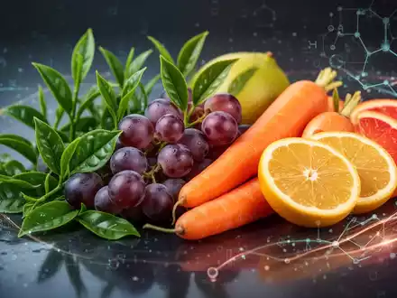 Nahaufnahme von frischen Hyperfoods wie Teeblättern, Weintrauben, Karotten und Orangen, umgeben von subtilen, leuchtenden digitalen Mustern. - Foto: über boerse-global.de